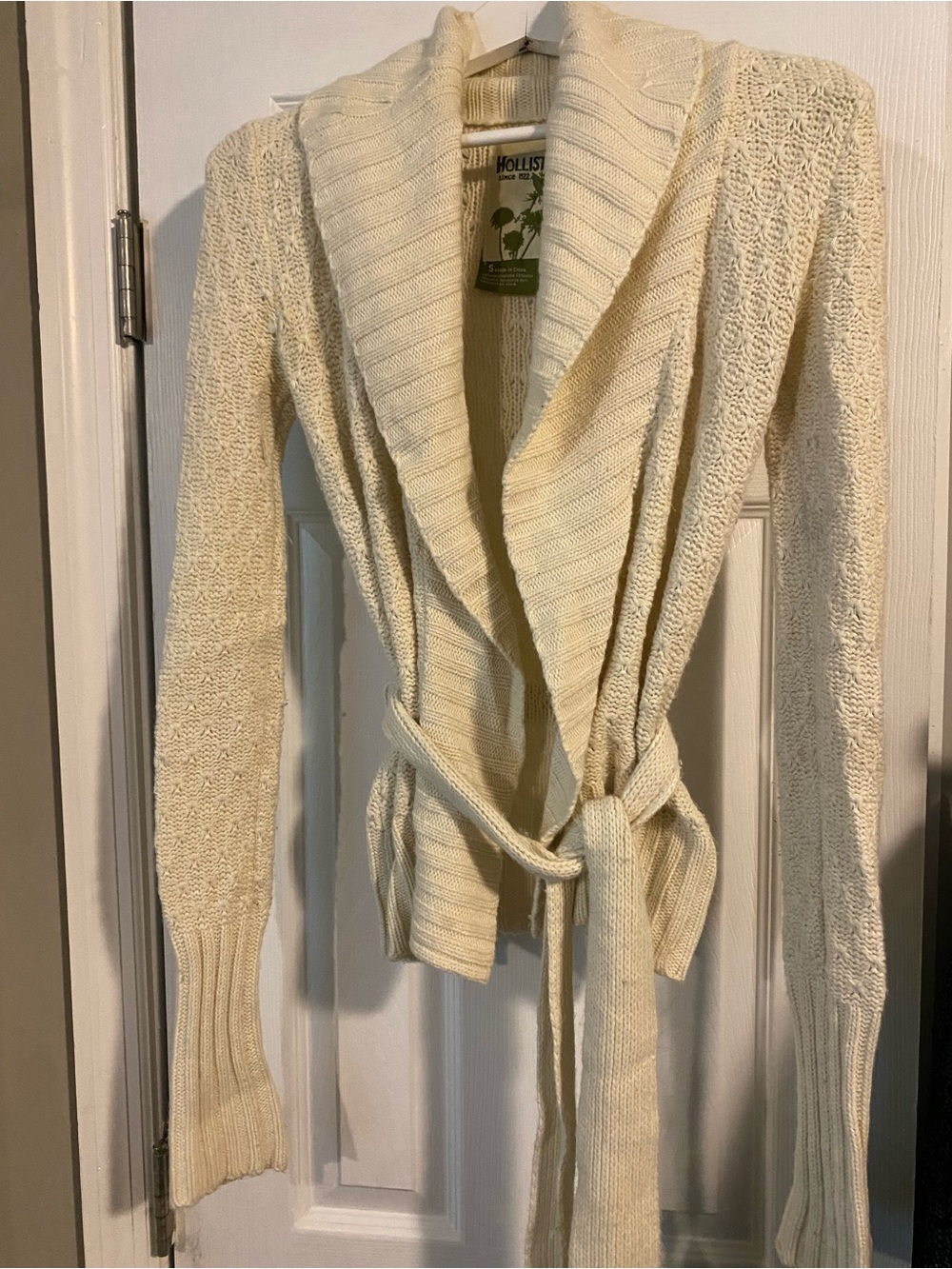 Hollister Cream Knit Shawl Collar Tie-Waist Cardigan